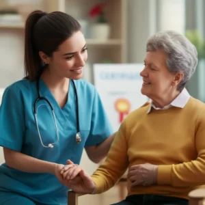 따뜻한-분위기에서-어르신을-돕는-생활지원사의-모습과-자격증-학습-자료가-있는-이미지