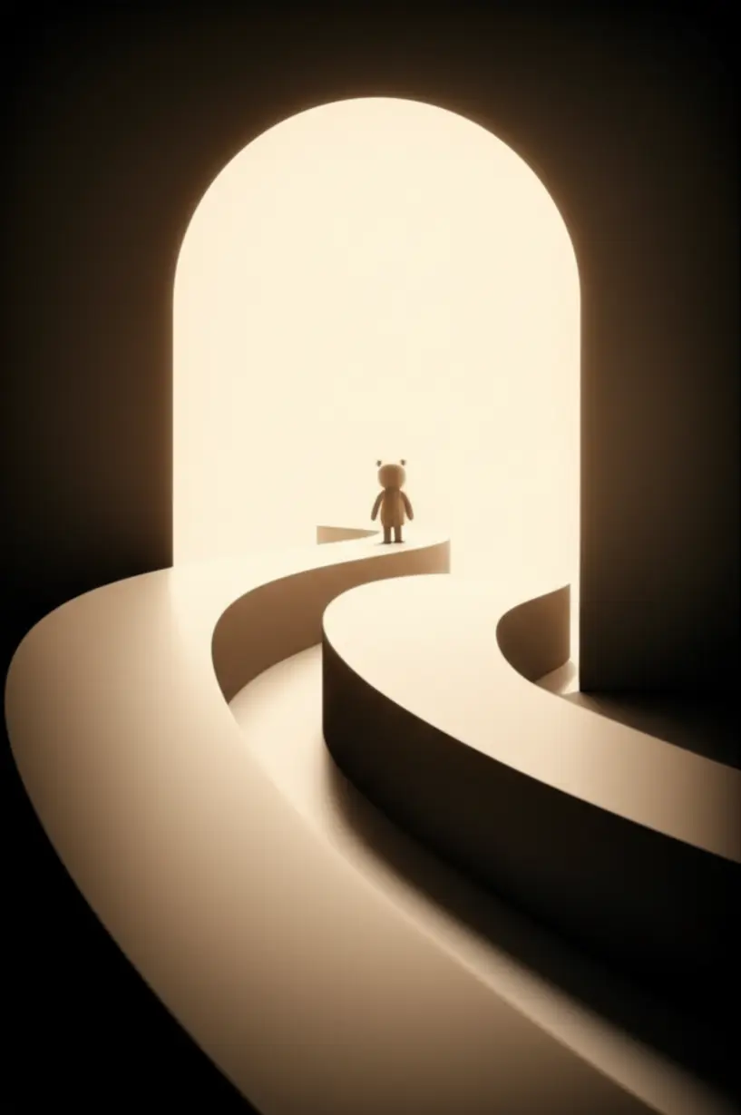 A-cute-3D-illustration-showing-a-path-leading-away-from-a-dark-area-towards-a-safe-space,-symbolizing-the-concept-of-Mangmyeong-(asylum).