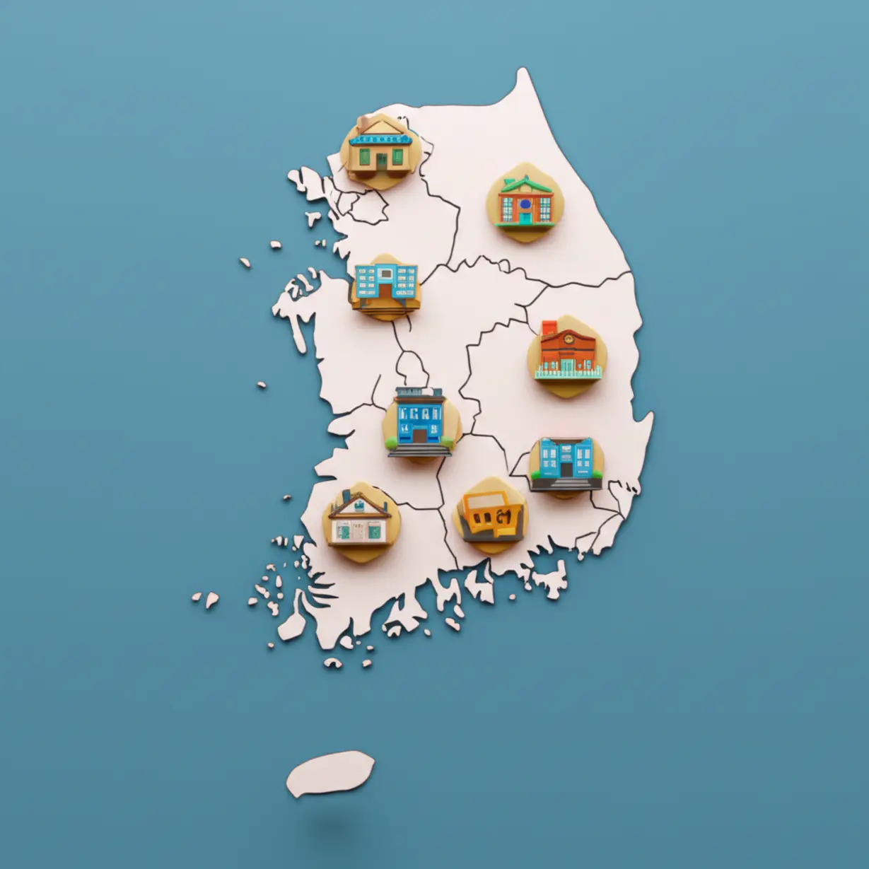 Cute-3D-map-of-South-Korea-with-icons-marking-locations-of-nationwide-autonomous-private-high-schools.