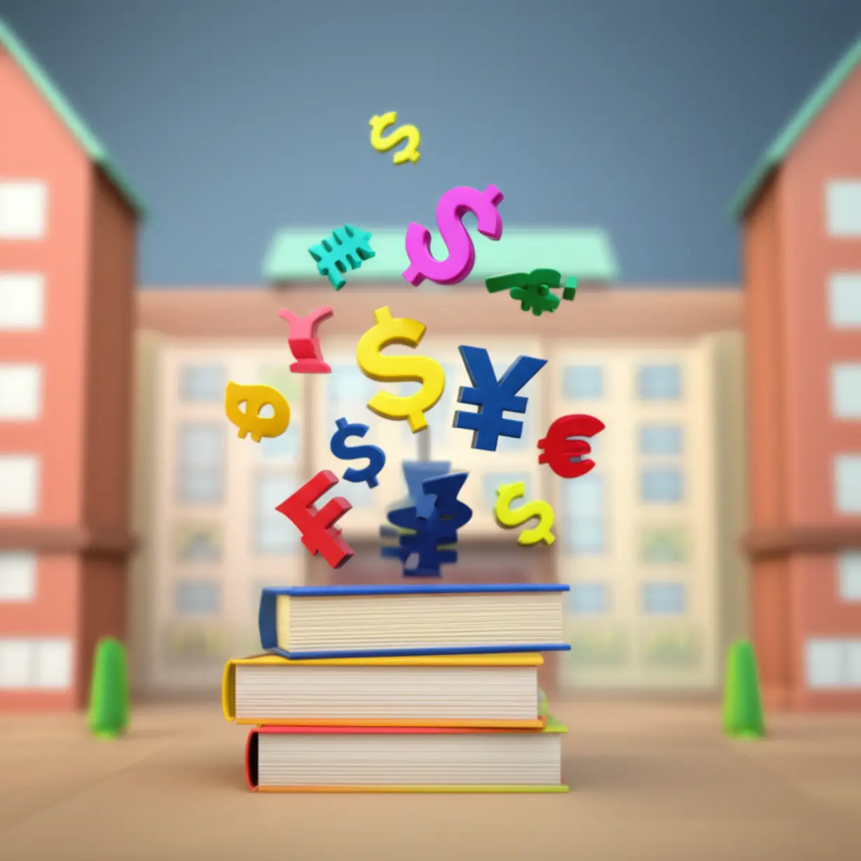 Money-symbols-flying-off-books-in-front-of-school-buildings