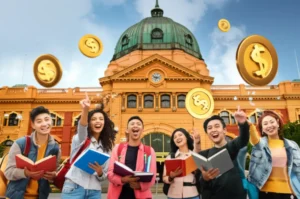 Students-celebrating-saving-money-on-study-abroad-in-front-of-a-Melbourne-landmark