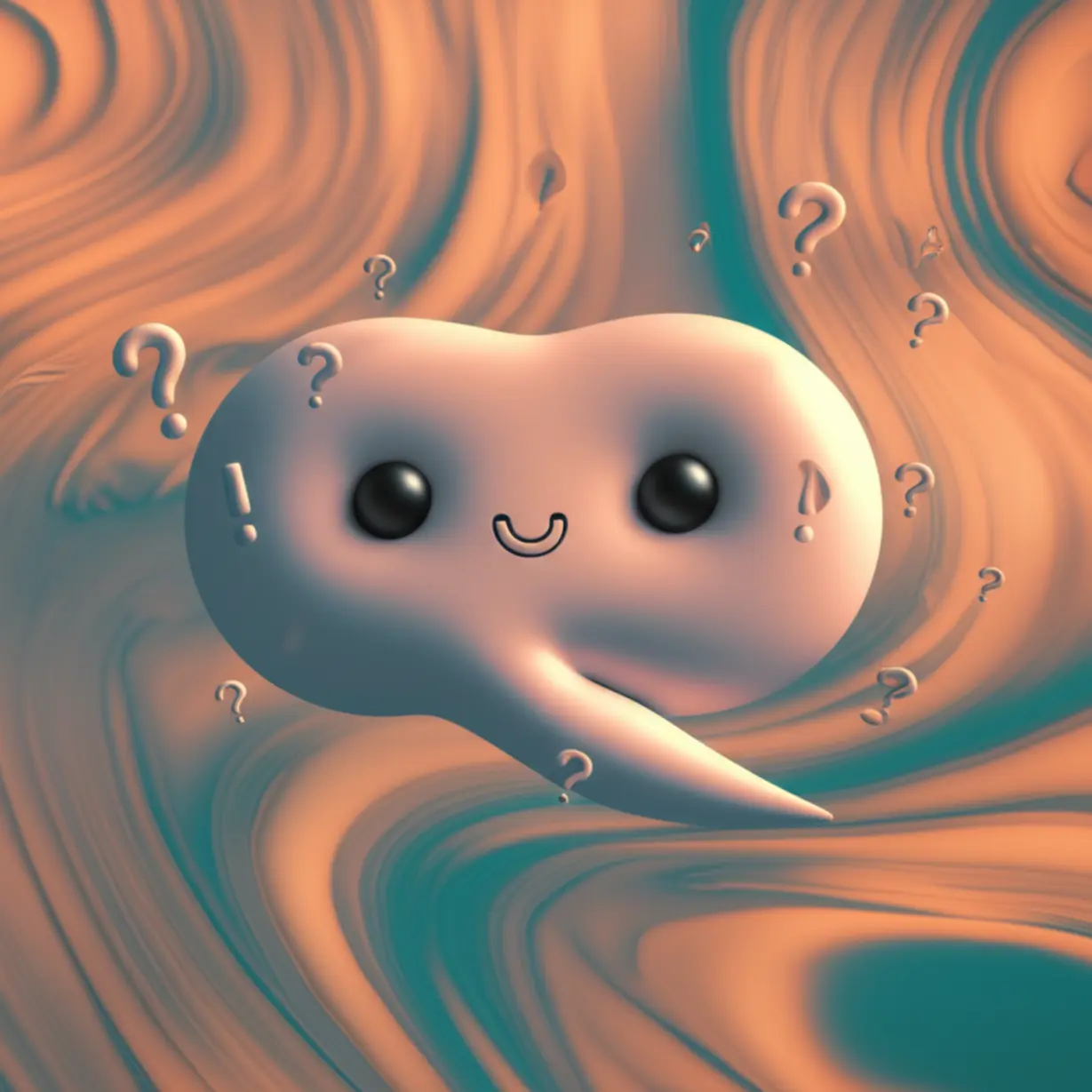 A-cute-3D-image-of-a-stylized-speech-bubble-with-a-quirky-font,-transforming-into-an-abstract-wavy-shape,-surrounded-by-playful-question-and-exclamation-marks,-representing-context-breaking-humor-and-meme-culture.
