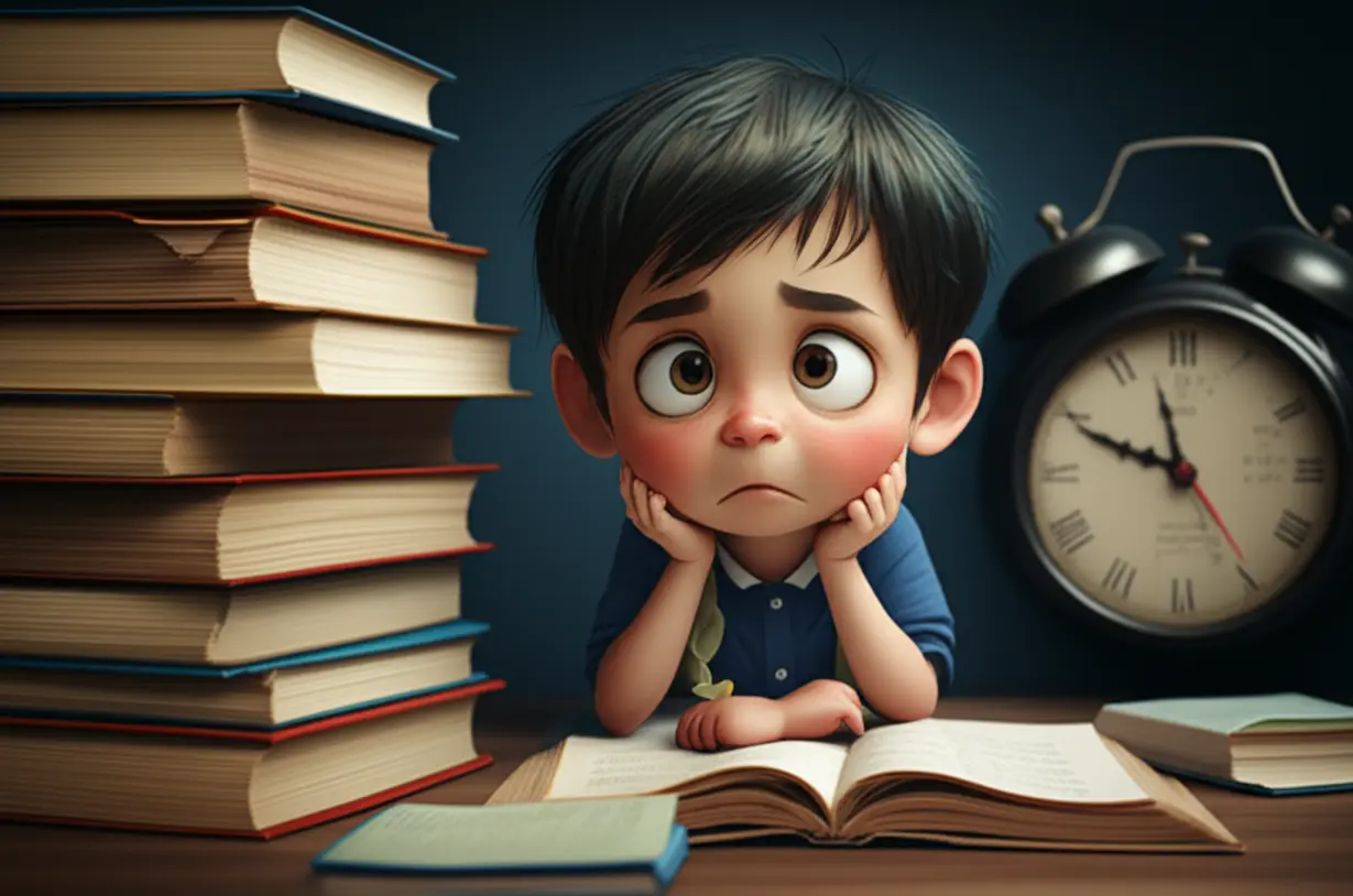 Cute-3D-illustration-of-an-overwhelmed-middle-school-student-surrounded-by-schoolwork,-struggling-to-find-time-to-read.
