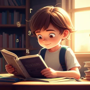 Cute-3D-illustration-of-a-middle-school-student-reading-a-magazine-comfortably-in-a-cozy-study-space,-surrounded-by-books.