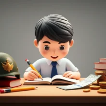 A-cute-3D-illustration-of-someone-preparing-for-the-military-civil-servant-exam,-surrounded-by-study-materials-and-symbols-of-their-future-career.
