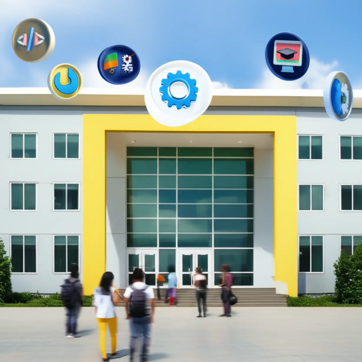 A-cute-3D-illustration-of-a-contemporary-school-building-entrance,-featuring-floating-icons-that-symbolize-software-development-(code-blocks)-and-graphic-design-(design-tools),-indicating-the-school