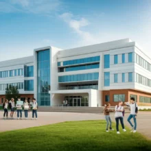 A-cute-3D-rendering-of-a-modern,-innovative-high-school-building-where-students-are-seen-interacting-with-computers-and-design-equipment,-representing-technology-and-creative-learning.