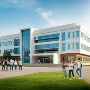 A-cute-3D-rendering-of-a-modern,-innovative-high-school-building-where-students-are-seen-interacting-with-computers-and-design-equipment,-representing-technology-and-creative-learning.