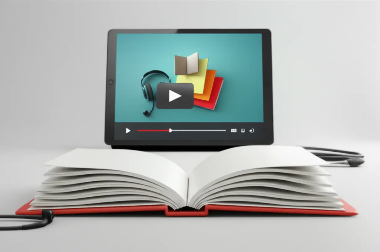 A-cute-3D-rendering-showing-an-open-learning-book,-a-tablet-showing-a-video,-and-headphones,-representing-a-multimodal-approach-to-learning.