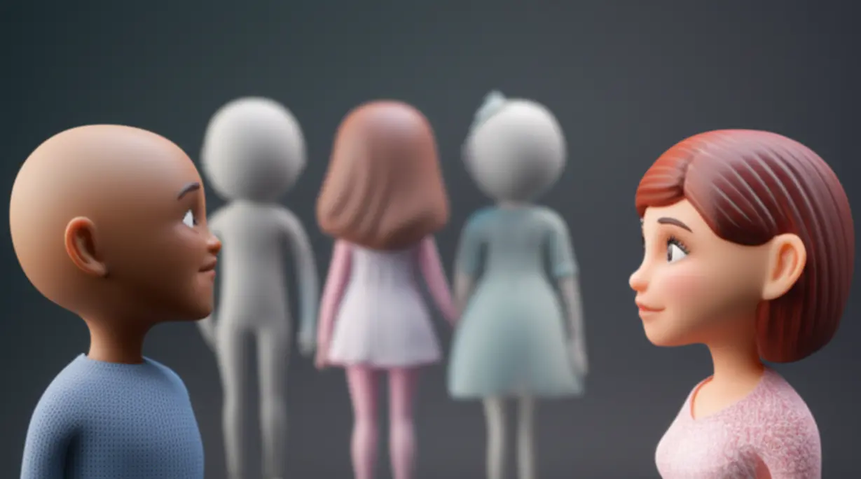 커플이-과거의-인연이나-친구를-상징하는-흐릿한-인물들-사이에서-균형을-잡으려-하는-3D-이미지.