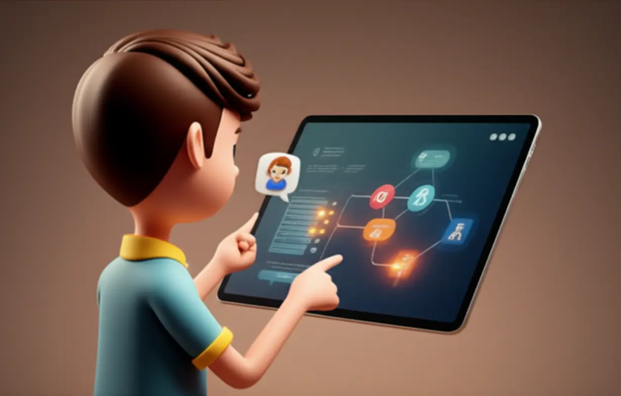 A-cute-3D-rendering-showing-a-student-using-a-tablet-for-personalized-and-adaptive-online-grammar-learning.