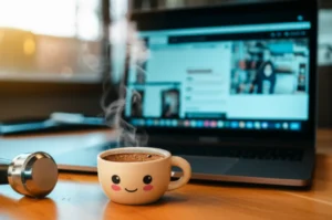 따뜻한-커피-한-잔과-노트북이-있는-책상에서-온라인으로-바리스타-자격증을-공부하는-모습