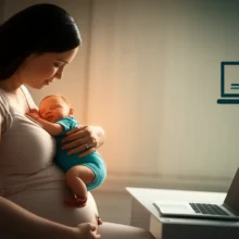 Smiling-mother-holding-baby-with-online-learning-elements-nearby