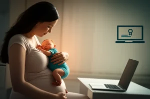 Smiling-mother-holding-baby-with-online-learning-elements-nearby