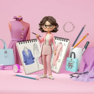 패션-아이템과-학습-도구에-둘러싸인-3D-캐릭터가-온라인으로-패션-스타일링을-배우는-모습