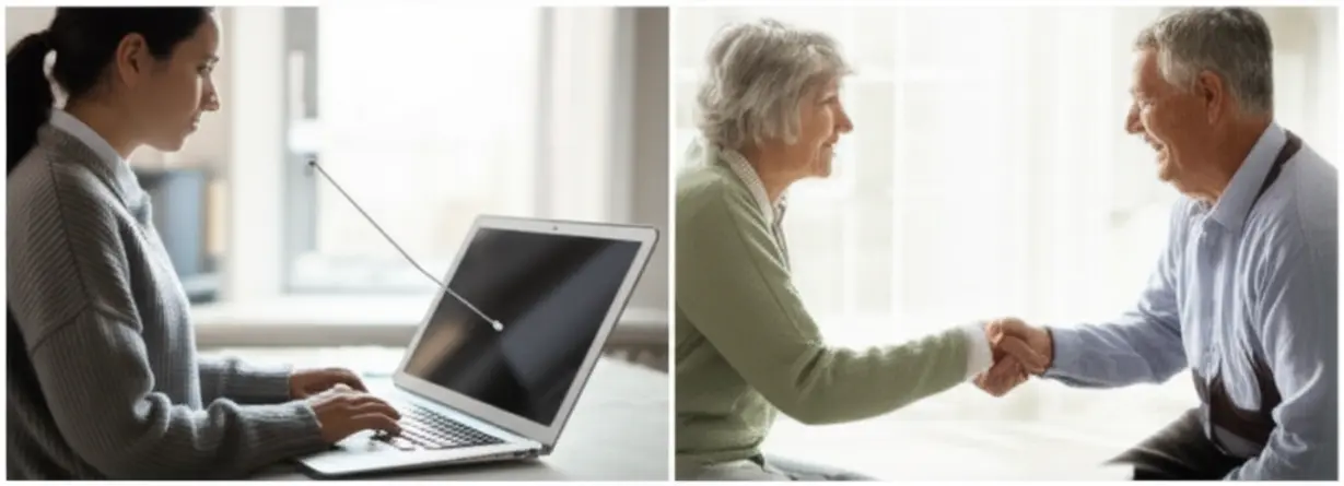 A-3D-illustration-split-into-two-scenes,-one-showing-online-study-on-a-laptop-and-the-other-showing-social-work-field-practice-with-a-person,-representing-the-learning-process.