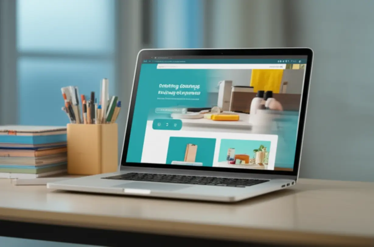 A-cute-3D-render-of-a-laptop-showing-an-online-tidying-course,-situated-on-a-tidy-desk-with-organized-study-materials,-symbolizing-online-learning-for-organization.