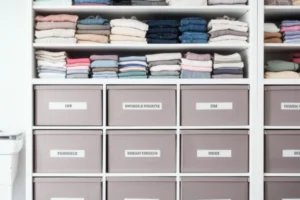 A-cute-3D-render-of-a-bright,-minimalist-room-featuring-a-shelf-with-neatly-folded-clothes-in-various-colors-and-clearly-labeled-storage-containers,-symbolizing-good-organization.
