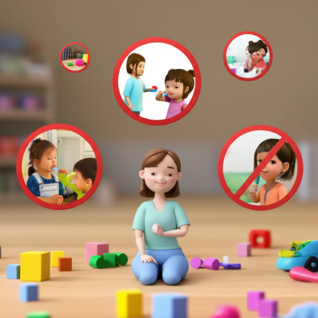 귀여운-3D-이미지로-부모와-아이-주변에-다양한-육아-상황이-작은-장면으로-표현된-모습