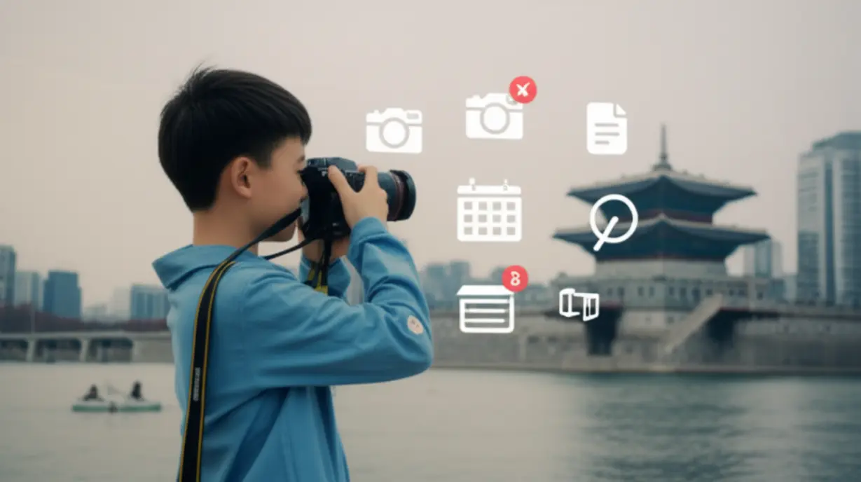 Student-taking-a-photo-of-a-building-with-icons-representing-contest-rules.