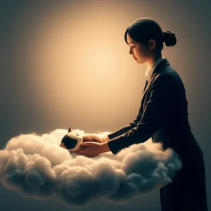 A-cute-3D-image-of-a-caring-pet-funeral-director-figure-assisting-a-peaceful-pet's-final-journey,-surrounded-by-warm,-comforting-light.