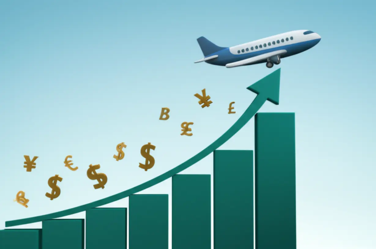 A-cute-3D-image-of-a-stylized-graph-showing-an-upward-trend,-with-an-airplane-taking-off-and-currency-symbols,-representing-the-positive-salary-and-job-prospects-for-pilots.