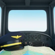 A-cute-3D-image-of-a-stylized-airplane-cockpit,-featuring-a-pilot's-cap-and-a-flight-map,-with-a-clear-sky-visible-through-the-window,-symbolizing-the-dreams-and-future-of-becoming-a-pilot.