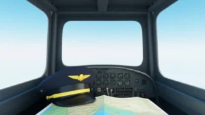 A-cute-3D-image-of-a-stylized-airplane-cockpit,-featuring-a-pilot's-cap-and-a-flight-map,-with-a-clear-sky-visible-through-the-window,-symbolizing-the-dreams-and-future-of-becoming-a-pilot.