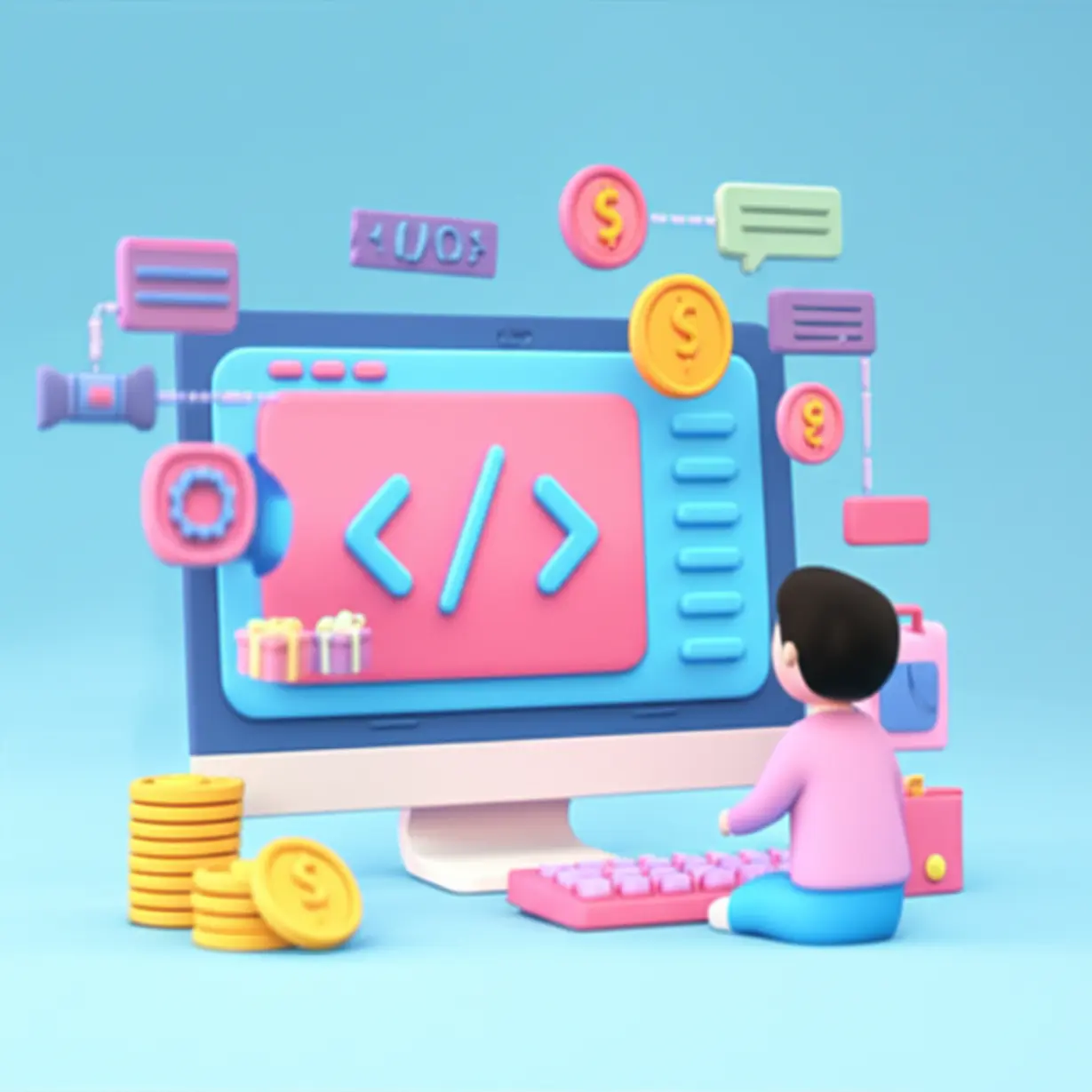 컴퓨터로-프로그래밍을-배우며-데이터-구조,-객체-지향-개념,-게임-에셋을-만드는-귀여운-3D-캐릭터와-훈련-장려금-아이콘