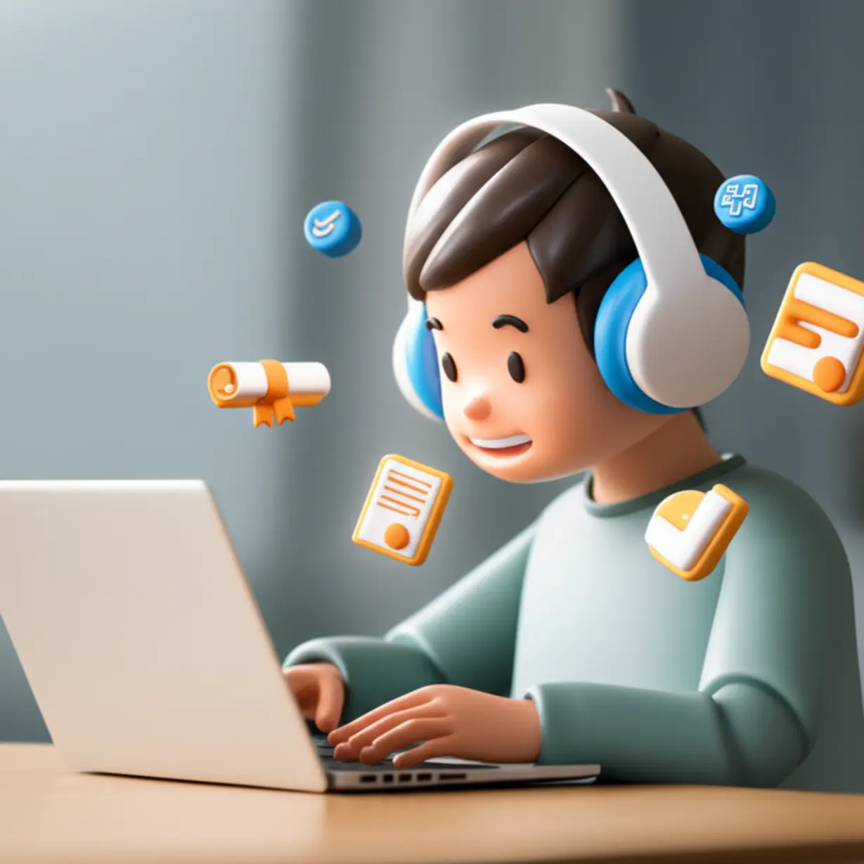 노트북으로-병원코디네이터-자격증-공부하는-사람을-묘사한-귀여운-3D-이미지