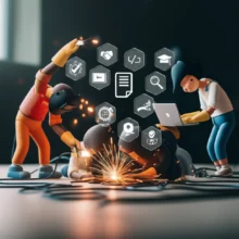 실습-환경에서-다양한-직업-기술을-배우는-사람들과-자격증-아이콘-이미지가-떠-있는-모습