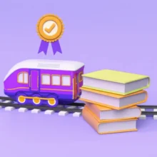 Cute-3D-rendering-of-a-miniature-train,-books,-and-a-certification-badge