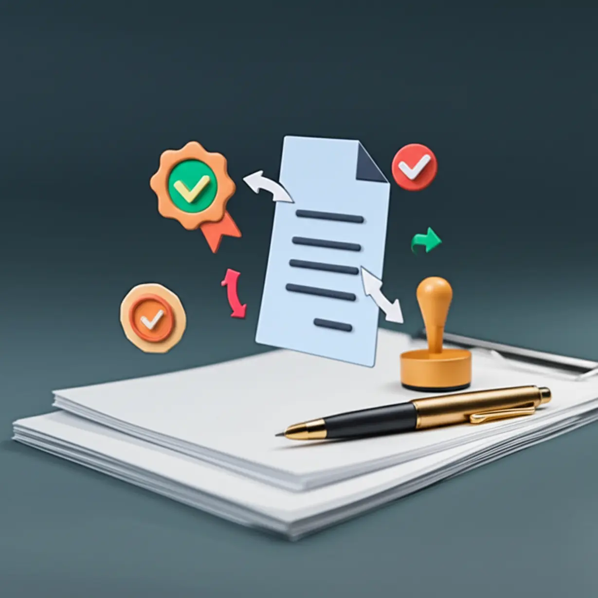 Cute-3D-image-of-documents-and-icons-representing-procedures-and-changes.