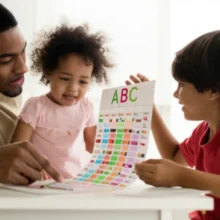 귀여운-3D-이미지로-부모가-아이를-돌보며-육아-ABC-노래-차트를-보는-모습