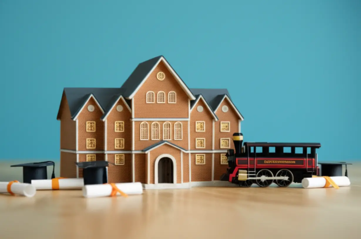 Cute-3D-rendering-of-a-miniature-train-with-a-university-building-and-diplomas