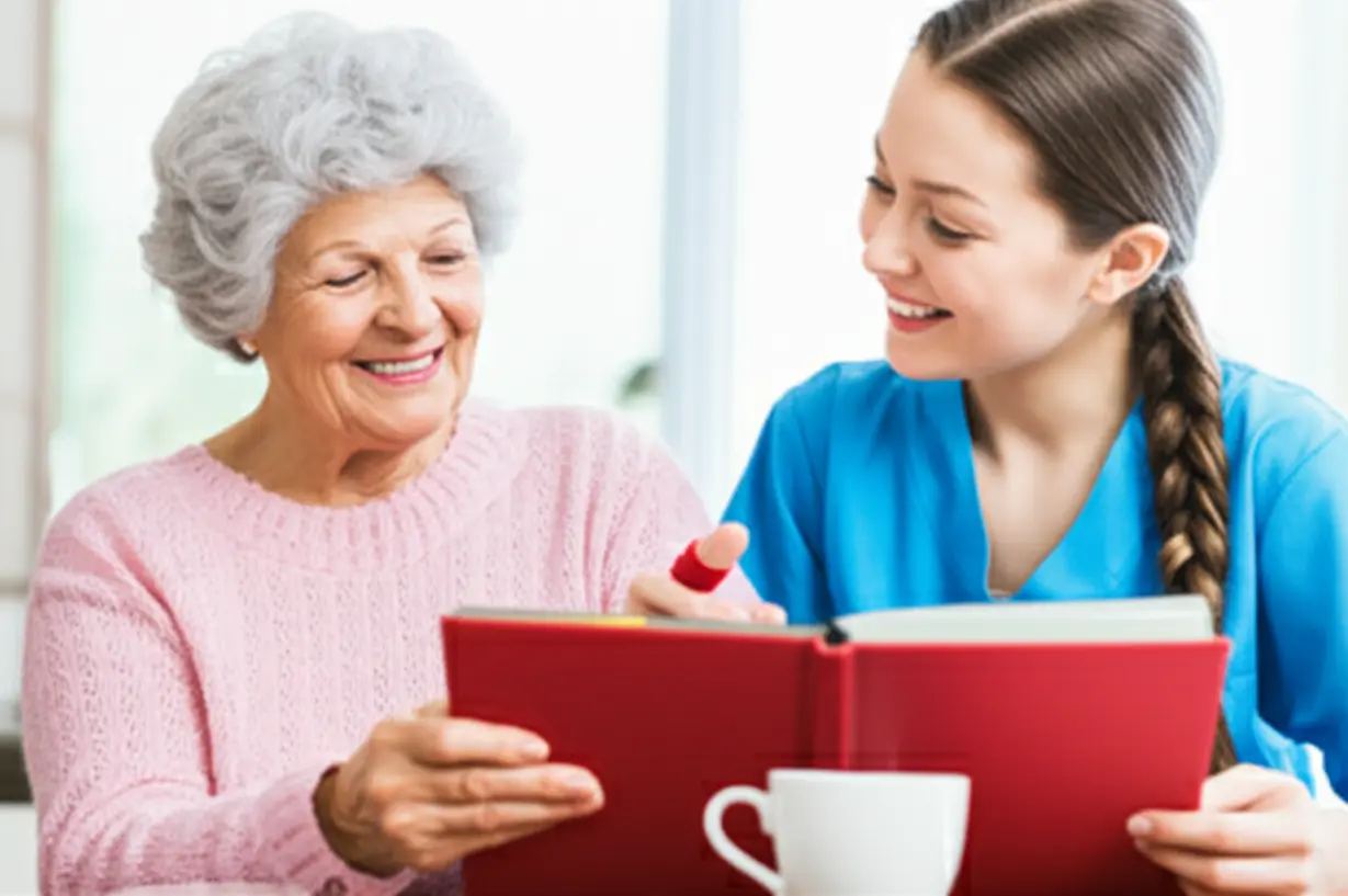 A-3D-image-showing-a-friendly-interaction-between-an-elderly-person-and-a-caregiver-in-a-home-setting,-illustrating-the-supportive-role-of-a-living-instructor.