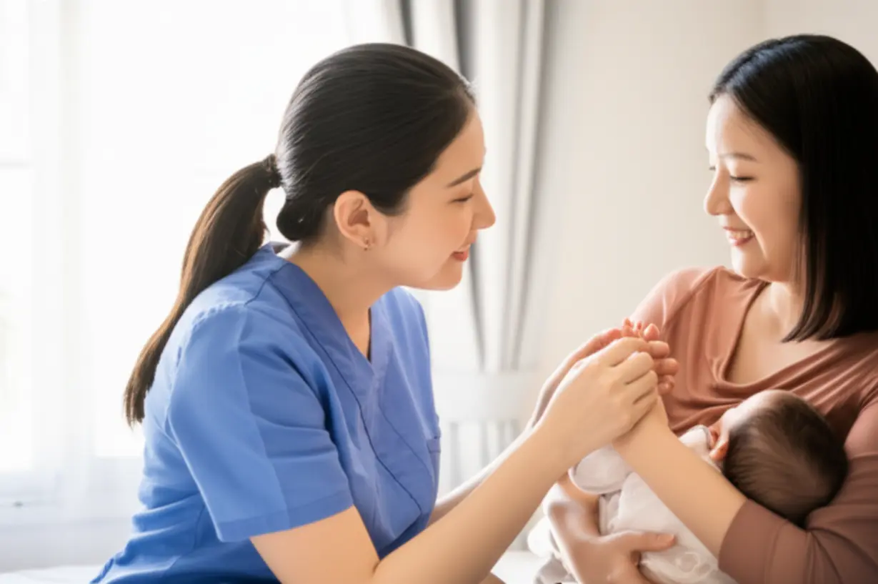 Postpartum-caregiver-interacting-with-mother-and-baby