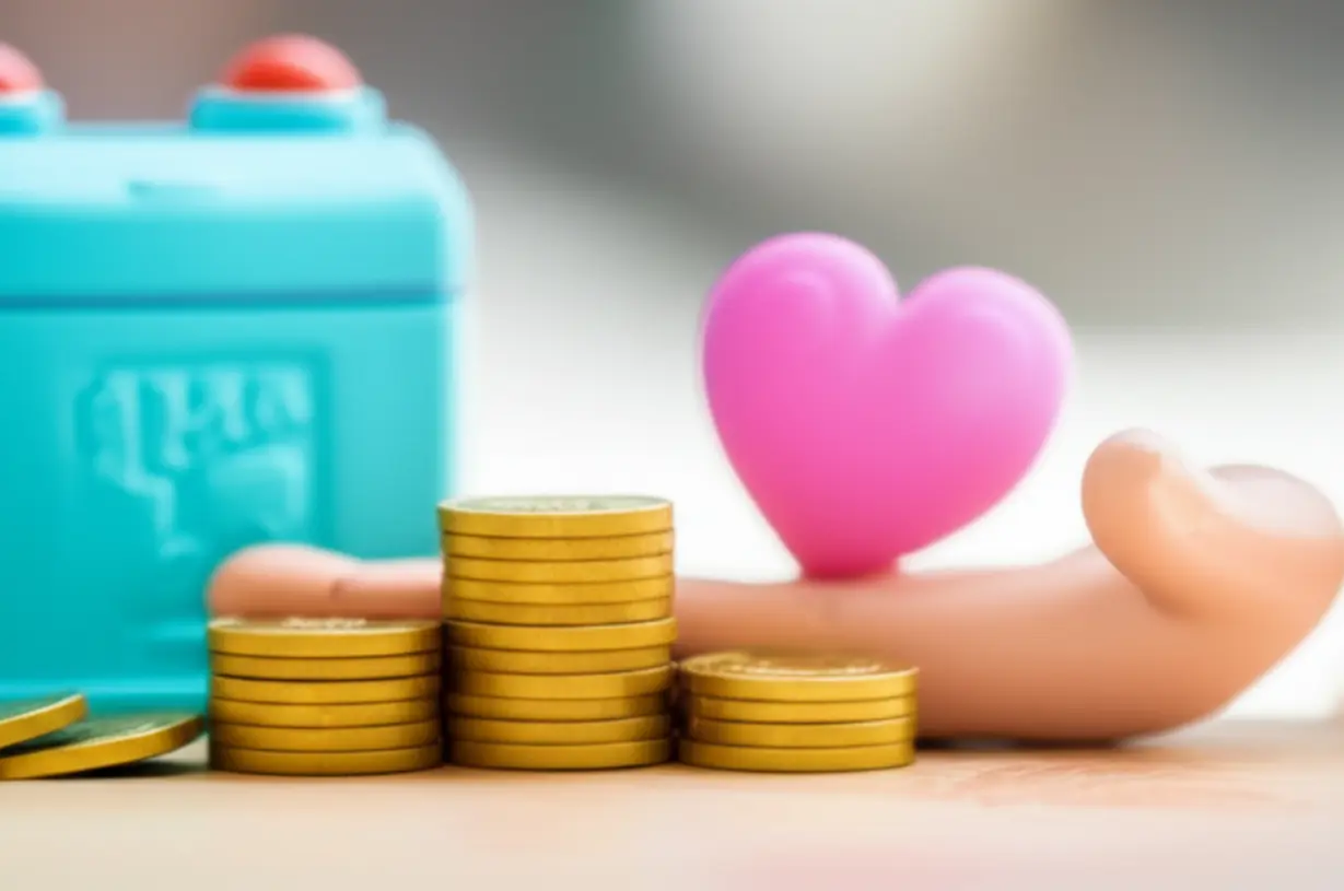 A-small-stack-of-coins-and-a-secure-box-representing-income,-placed-next-to-a-comforting-symbol-in-a-warm-setting.