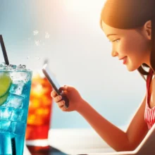 A-person-smiling-while-texting-on-their-phone-in-a-cool,-sunny-summer-scene-with-drinks.