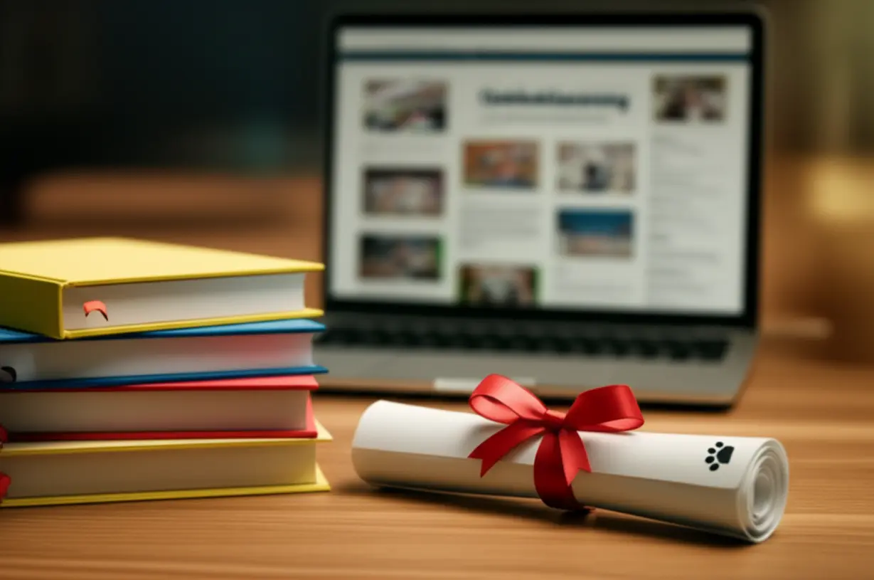 Books,-certificate,-and-a-laptop-showing-online-course-material,-symbolizing-the-certification-process.