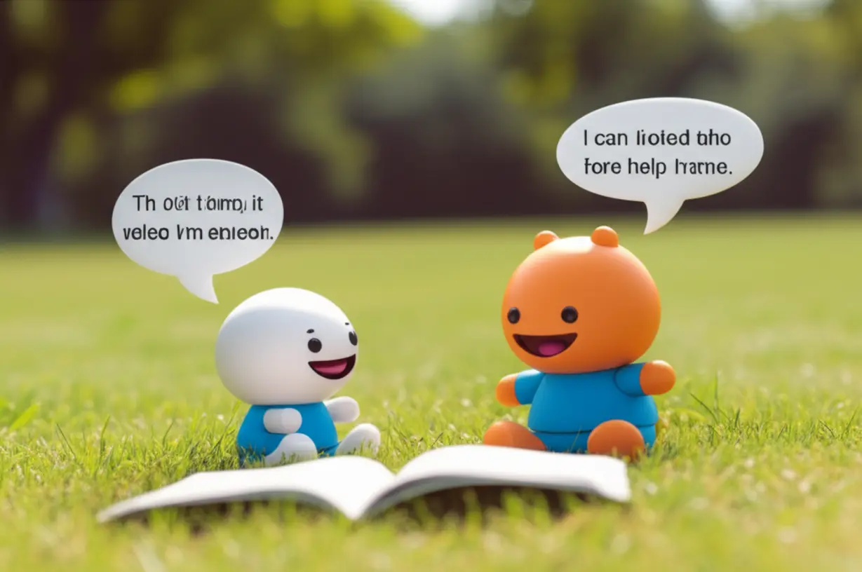 A-3D-illustration-of-two-cheerful-animated-figures-conversing-outdoors-with-a-workbook-nearby,-symbolizing-practical-English-conversation-practice-and-family-learning.