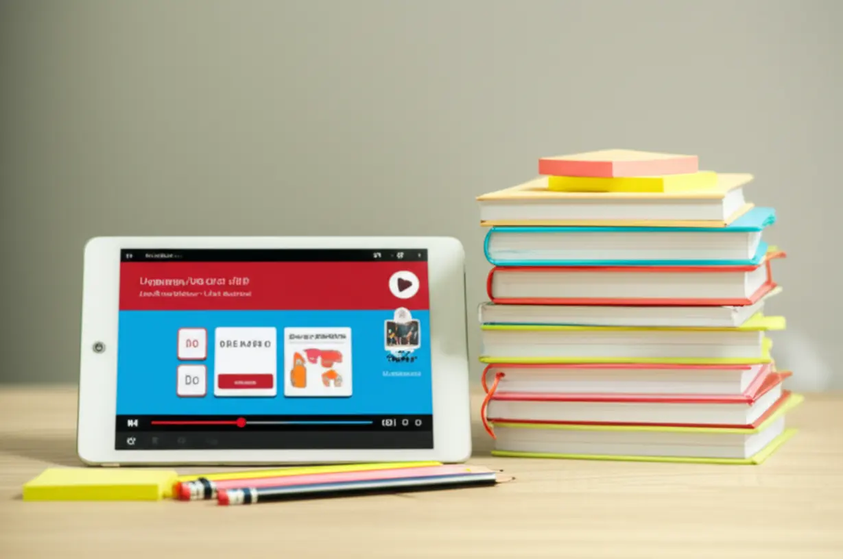 A-cute-3D-illustration-of-textbooks-and-a-tablet-for-language-learning.