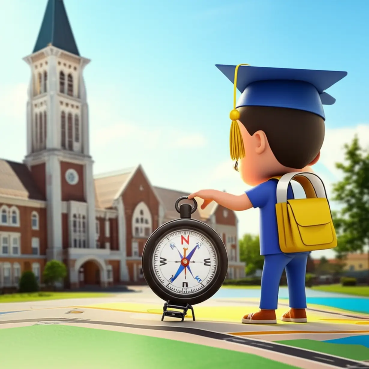 A-3D-illustration-of-a-student-using-a-compass-and-map-to-plan-their-university-route.