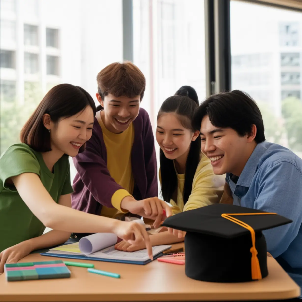 A-cute-3D-scene-of-students-collaborating-joyfully-on-a-digital-project-in-a-bright,-futuristic-classroom.-In-the-background,-symbols-like-a-dormitory-and-a-graduation-cap-highlight-support-systems-and-future-achievements.