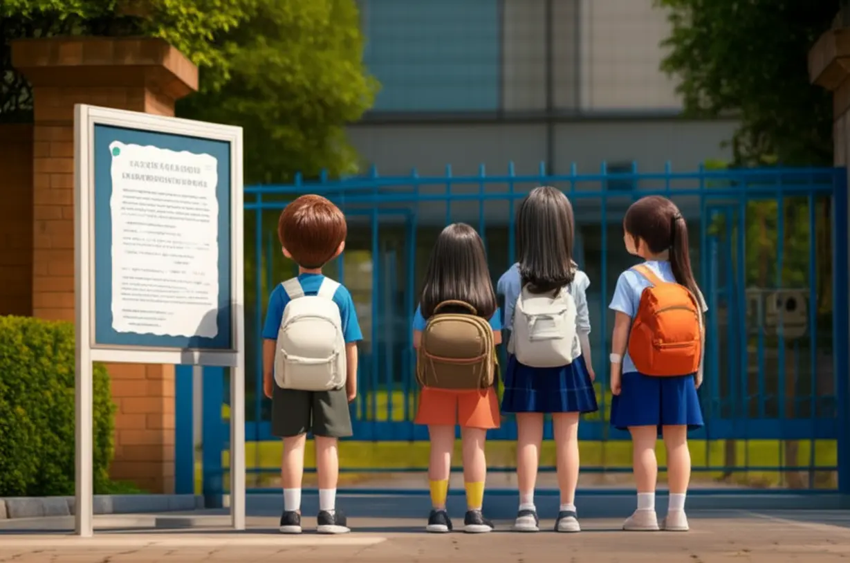 Students-at-a-school-gate-looking-at-an-announcement-board