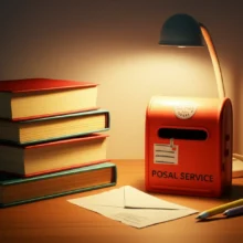 An-illustration-of-a-study-desk-with-books,-a-lamp,-and-a-postal-box.