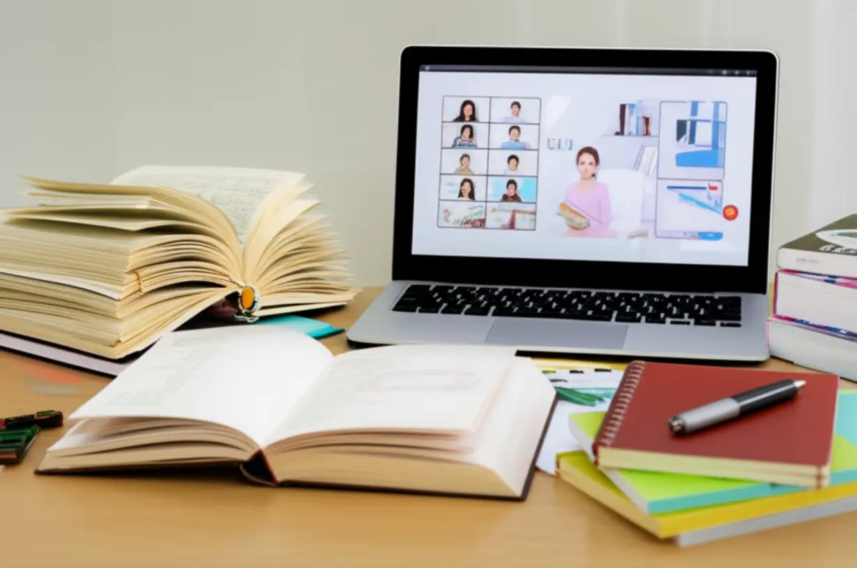 A-study-desk-with-textbooks,-a-laptop-displaying-an-online-lecture,-and-handwritten-notes-for-exam-preparation.