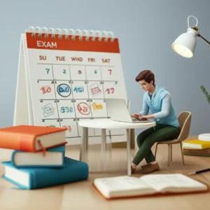 A-person-studying-for-the-Level-2-Career-Counselor-exam-with-books,-a-laptop,-and-a-calendar.