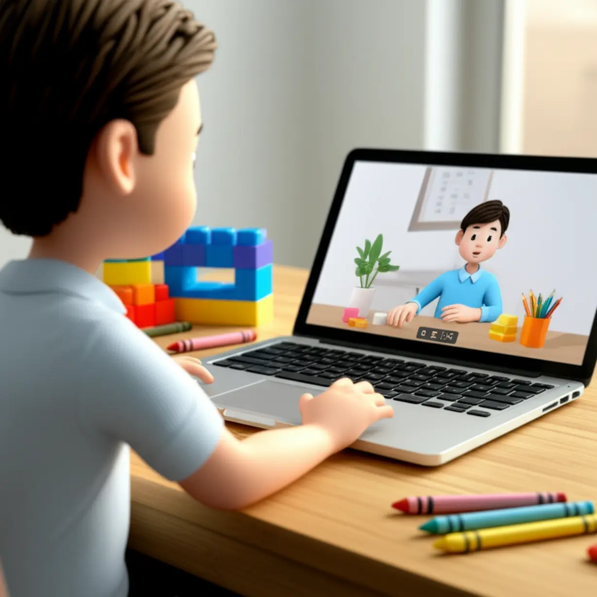 Person-studying-online-for-a-qualification,-with-child-related-items.