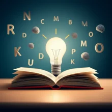 A-cute-3D-rendering-of-a-study-desk-with-grammar-books,-a-lightbulb,-and-learning-symbols.